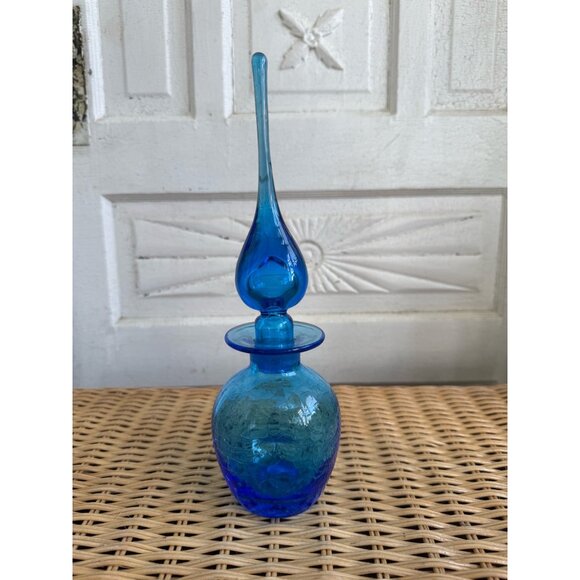 Vintage MCM Rainbow Art Glass Blue Crackle Decanter Bottle Flame Stopper - Picture 13 of 13